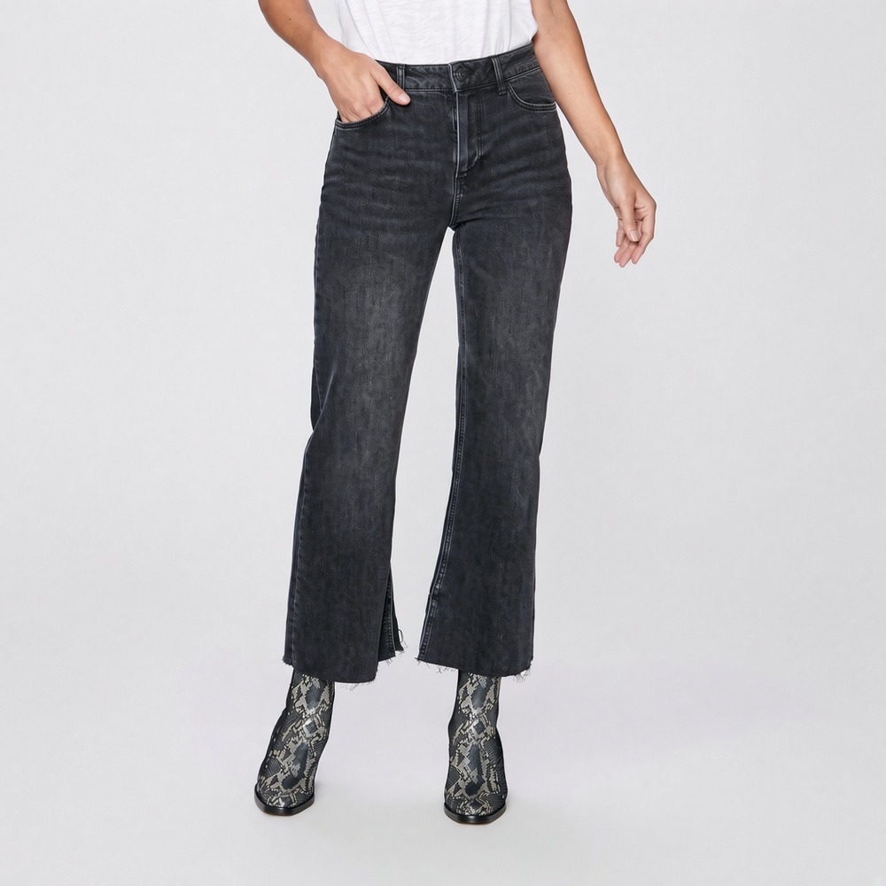 PAIGE Leenah Ankle High Rise Wide Leg Raw Hem Jeans Night Stroll Black 26